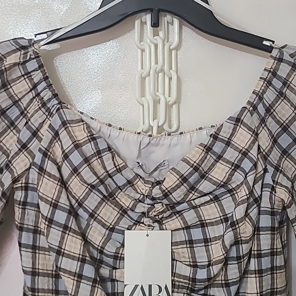 Zara Women's Plaid Long Sleeve Crop Black‎ & White Top Size Medium NEW WITH TAGS